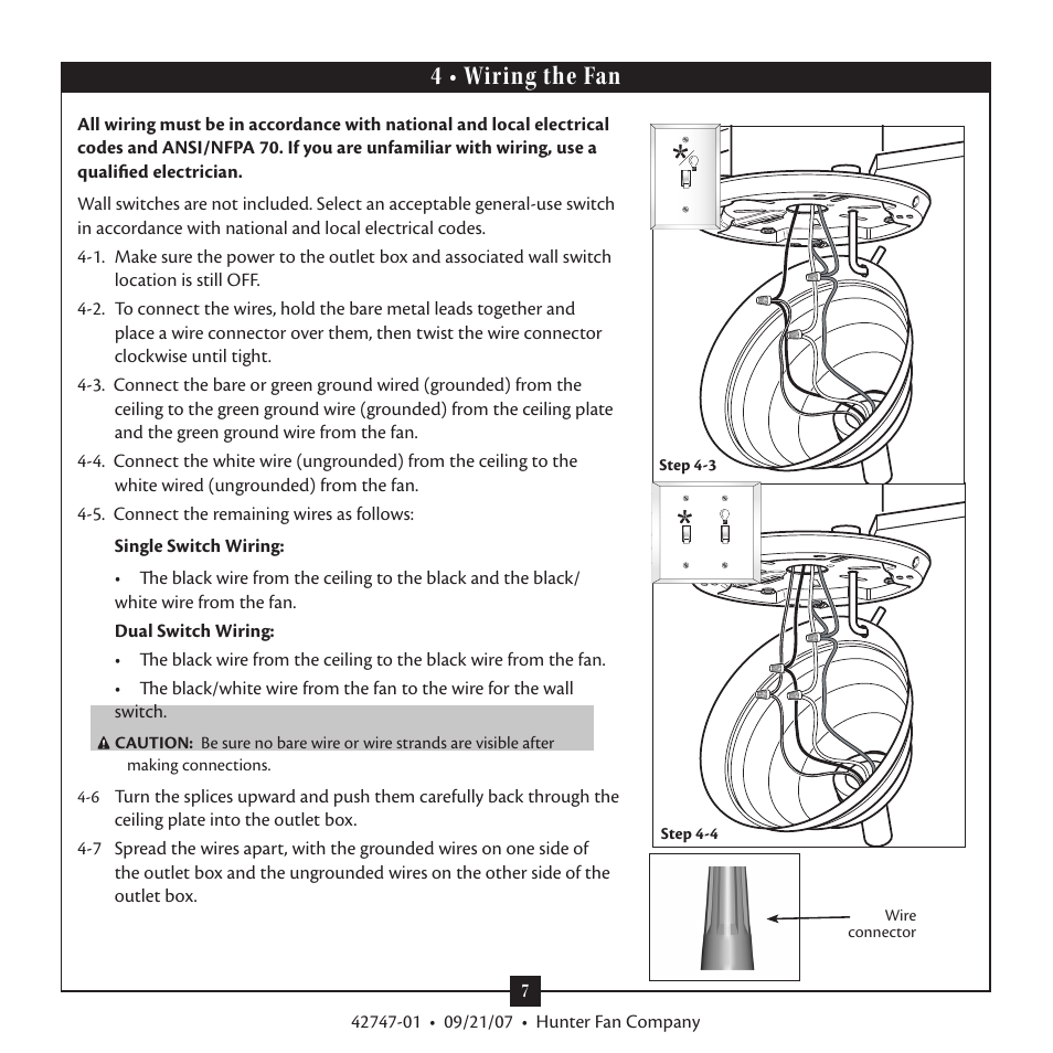 4 • wiring the fan | Hunter Fan Type T Models User Manual | Page 7 / 13