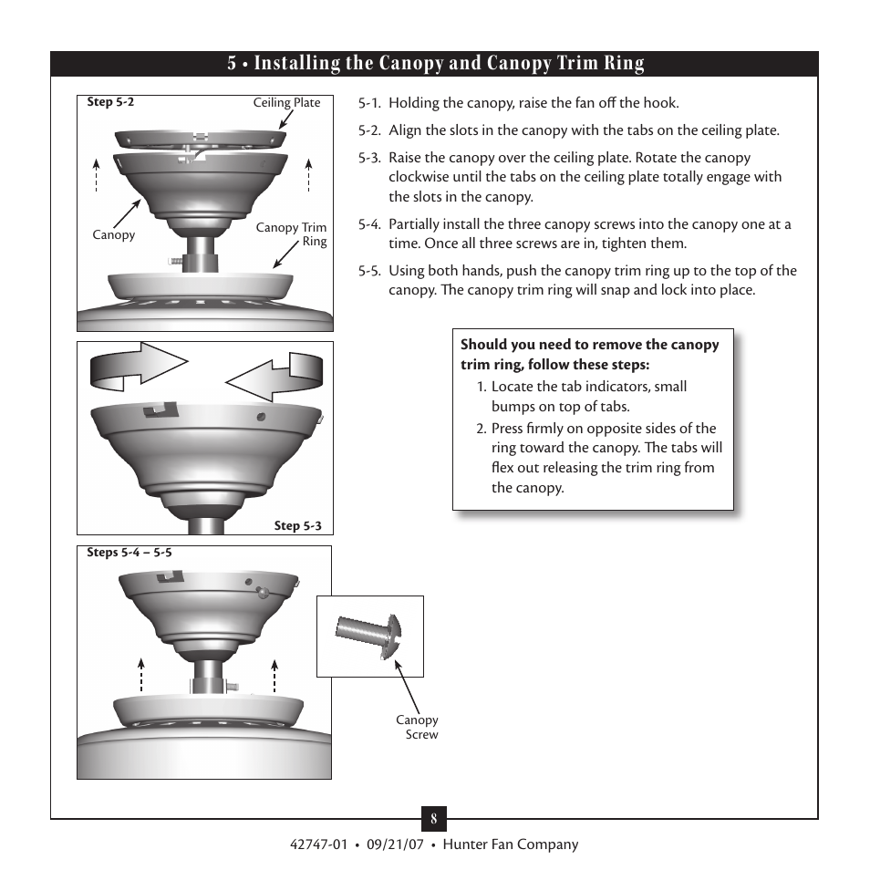 5 • installing the canopy and canopy trim ring | Hunter Fan Type T Models User Manual | Page 8 / 13