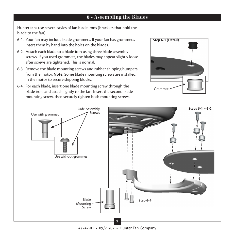 6 • assembling the blades | Hunter Fan Type T Models User Manual | Page 9 / 13