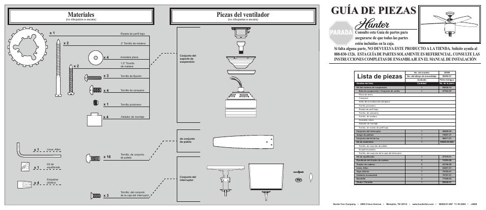 Guía de piezas, Materiales, Piezas del ventilador | Parada, Lista de piezas | Hunter Fan 20490 User Manual | Page 2 / 2