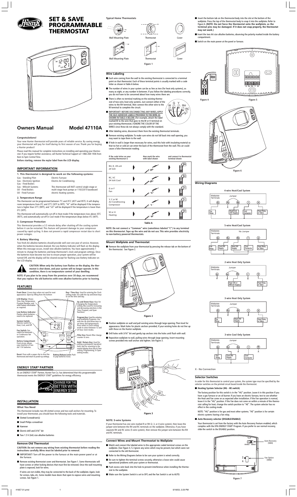 Hunter Fan 47110A User Manual | 2 pages