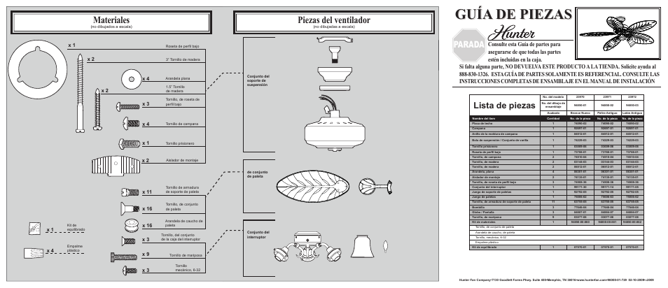 Guía de piezas, Materiales, Piezas del ventilador | Parada, Lista de piezas, X 3 x 9 | Hunter Fan 23970 User Manual | Page 2 / 2