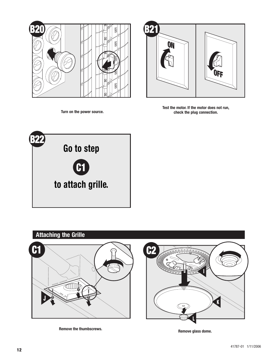 Go to step to attach grille, On off | Hunter Fan 41787-01 User Manual | Page 12 / 32