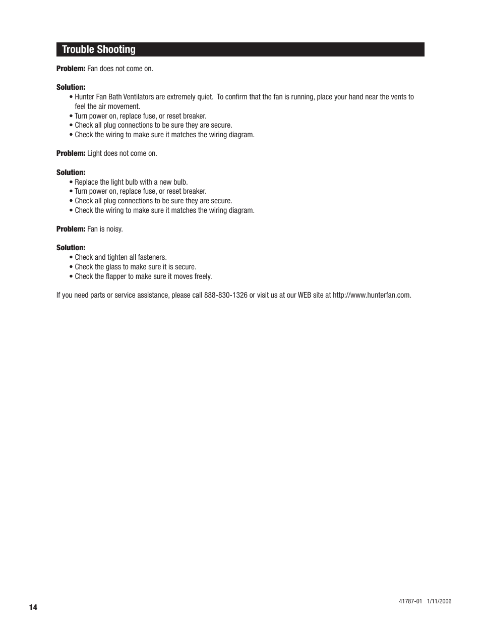 Trouble shooting | Hunter Fan 41787-01 User Manual | Page 14 / 32