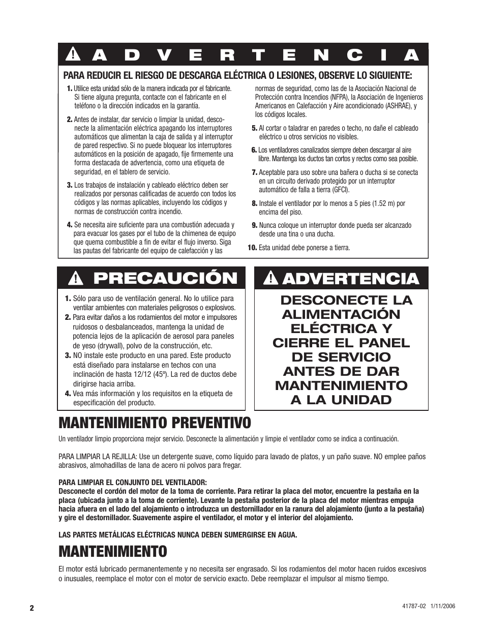 Mantenimiento preventivo, Mantenimiento, Precaución advertencia | Hunter Fan 41787-01 User Manual | Page 18 / 32