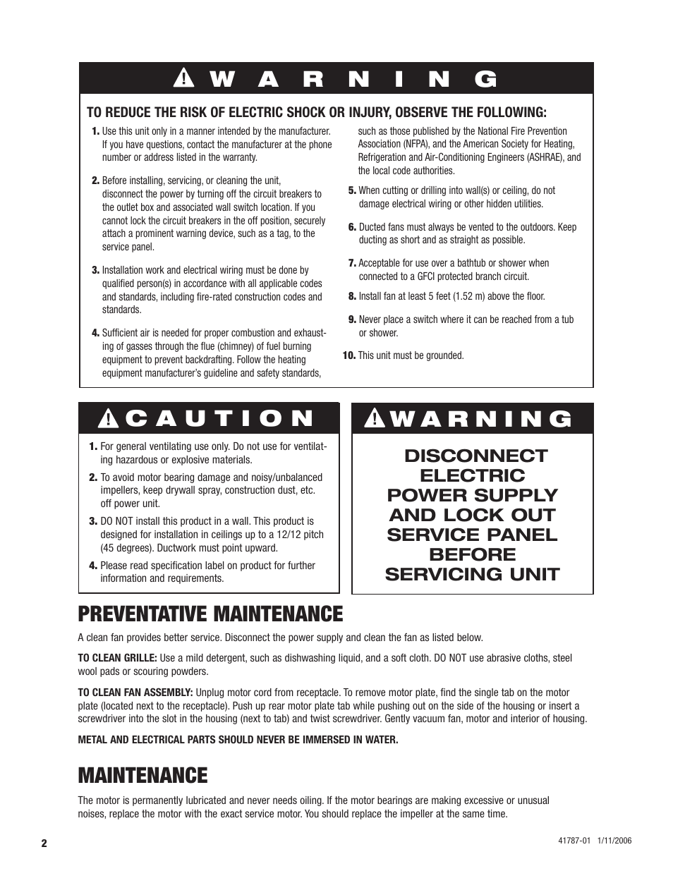 Preventative maintenance, Maintenance | Hunter Fan 41787-01 User Manual | Page 2 / 32