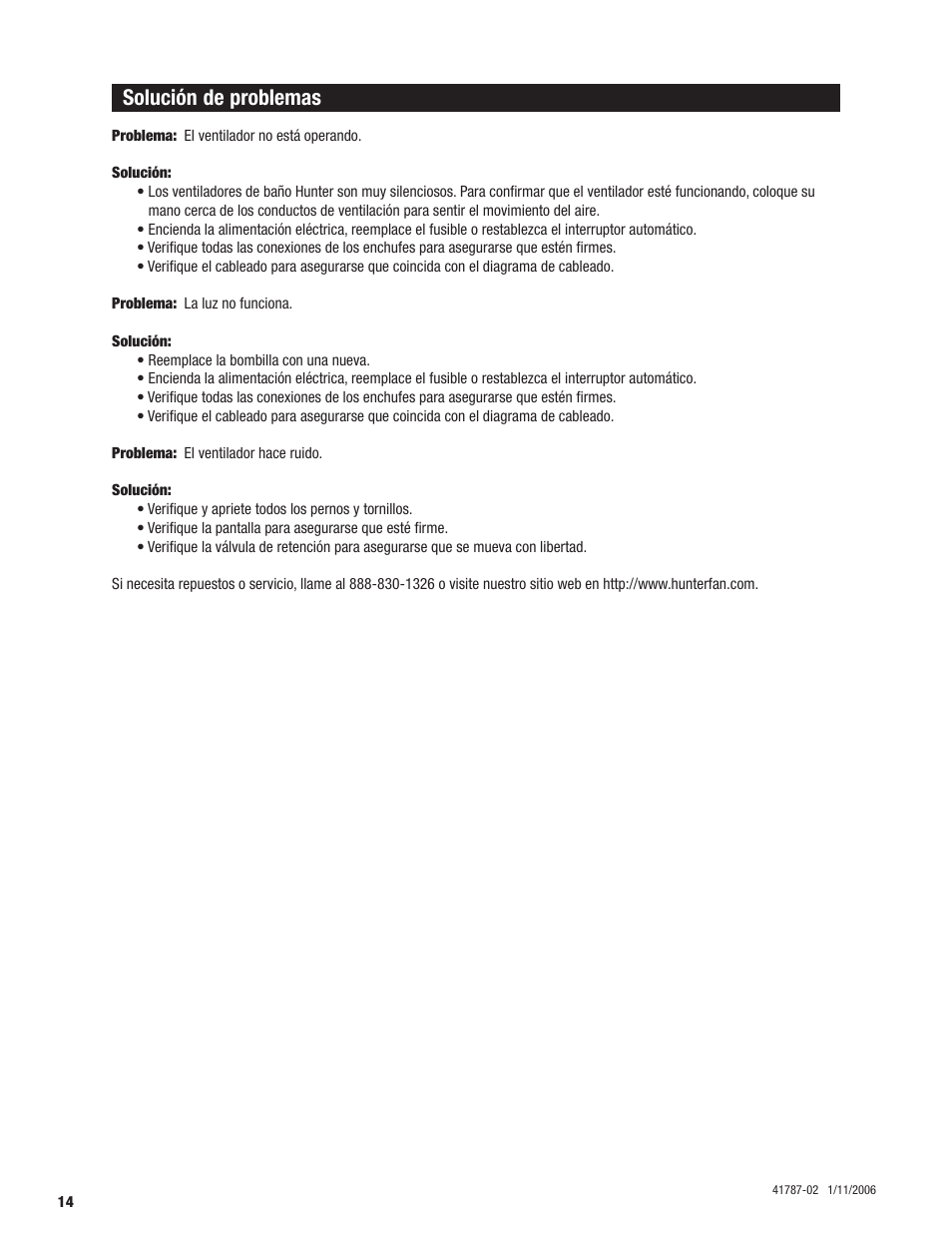 Solución de problemas | Hunter Fan 41787-01 User Manual | Page 30 / 32