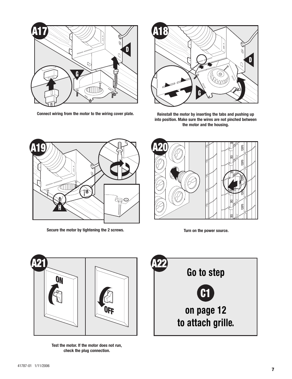 A22 c1, A18 a20, Go to step on page 12 to attach grille | Hunter Fan 41787-01 User Manual | Page 7 / 32