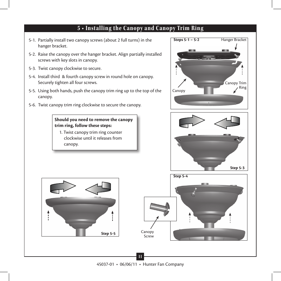 5 • installing the canopy and canopy trim ring, 5 • installing the canopy and canopy trim, Ring | Hunter Fan Type User Manual | Page 11 / 16