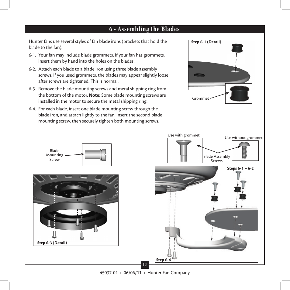 6 • assembling the blades | Hunter Fan Type User Manual | Page 12 / 16