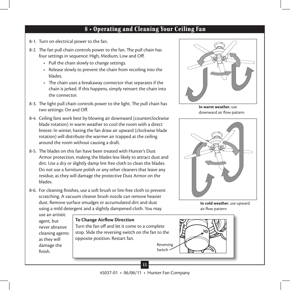 8 • operating and cleaning your ceiling fan, 8 • operating and cleaning your ceiling | Hunter Fan Type User Manual | Page 15 / 16