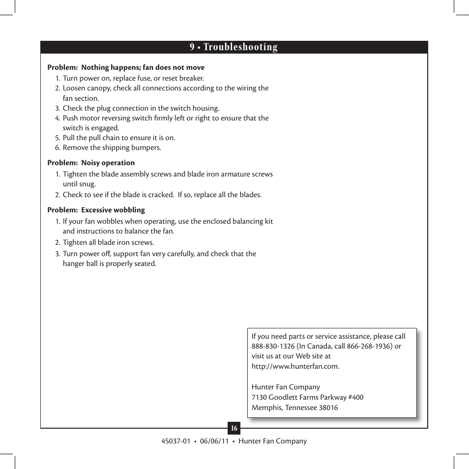 9 • troubleshooting | Hunter Fan Type User Manual | Page 16 / 16