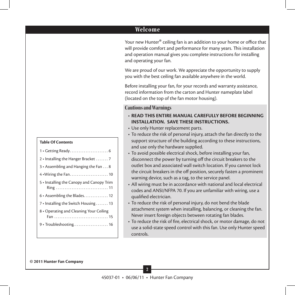 Welcome, Cautions and warnings | Hunter Fan Type User Manual | Page 2 / 16