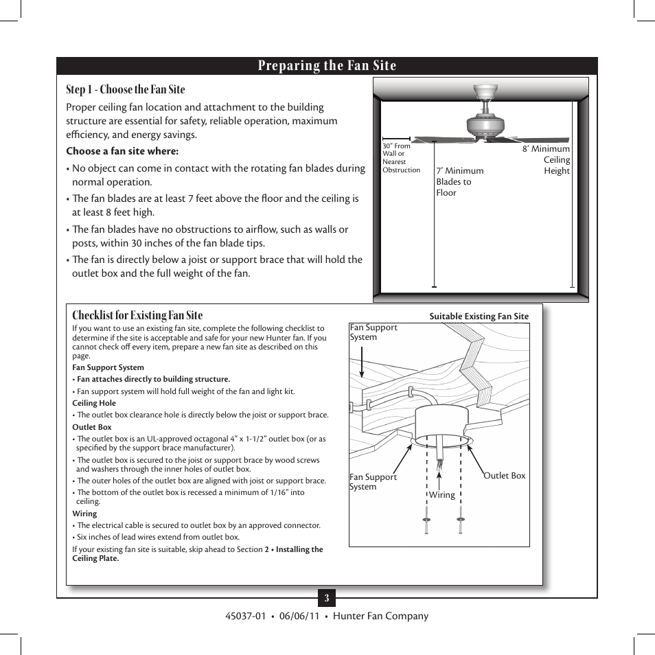 Preparing the fan site, Step 1 - choose the fan site, Checklist for existing fan site | Hunter Fan Type User Manual | Page 3 / 16