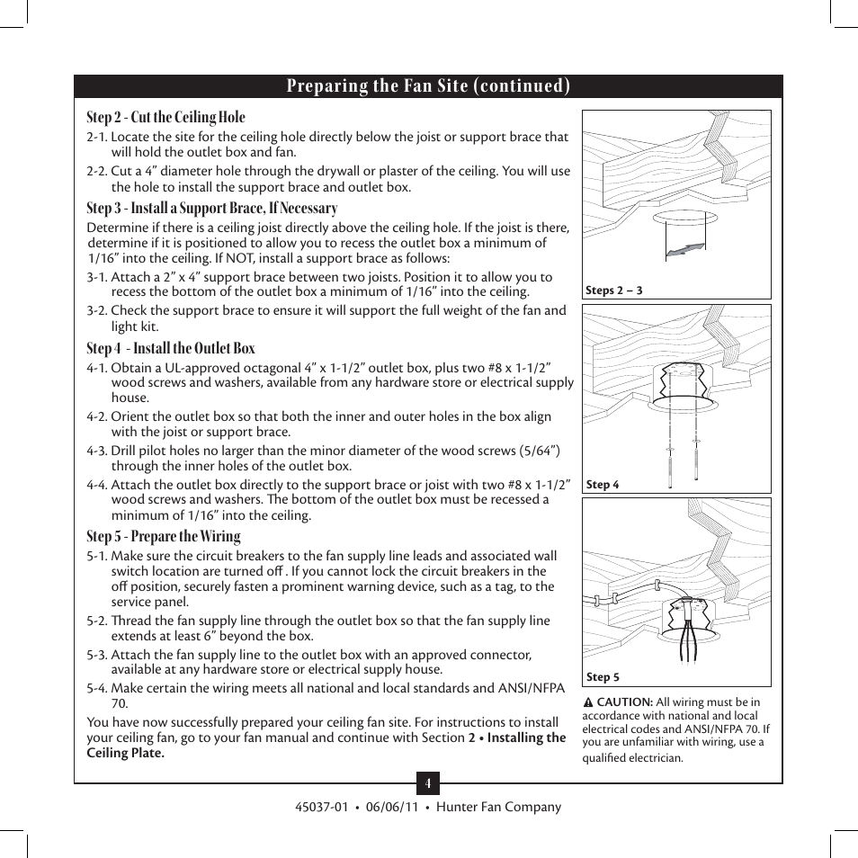 Preparing the fan site (continued), Step 2 - cut the ceiling hole, Step 3 - install a support brace, if necessary | Step 4 - install the outlet box, Step 5 - prepare the wiring | Hunter Fan Type User Manual | Page 4 / 16