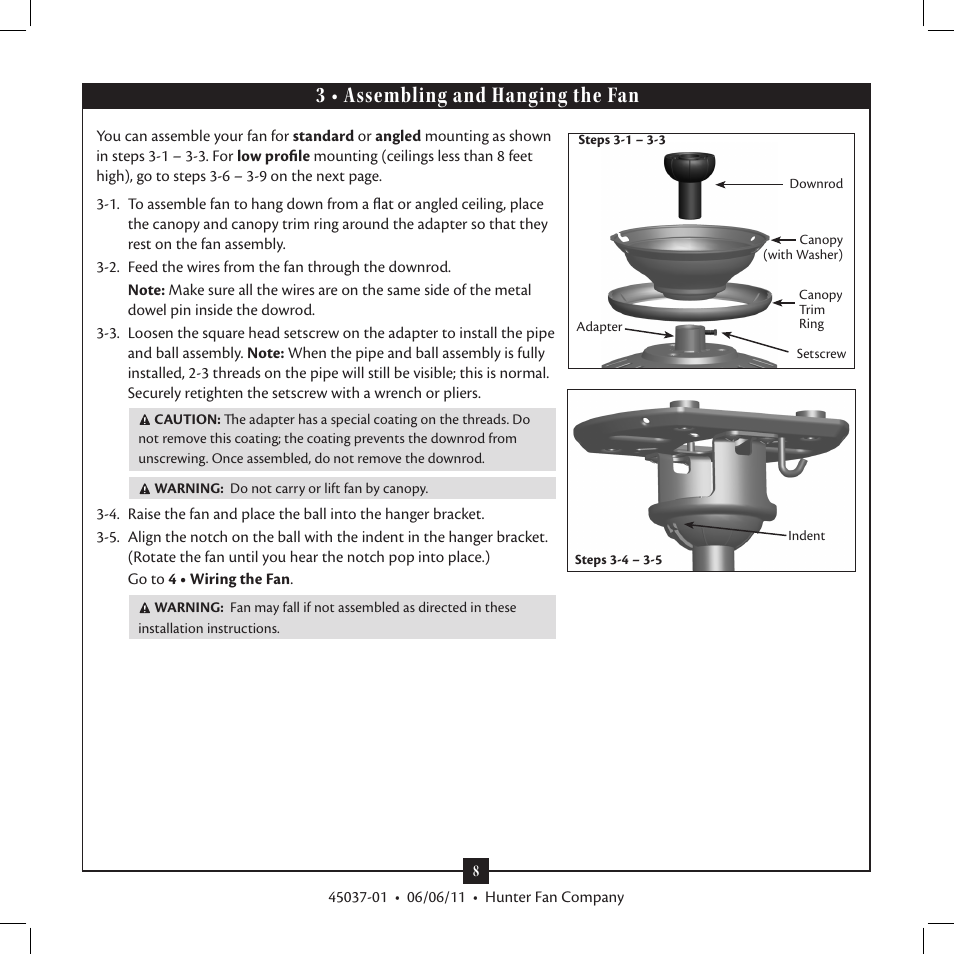 3 • assembling and hanging the fan | Hunter Fan Type User Manual | Page 8 / 16