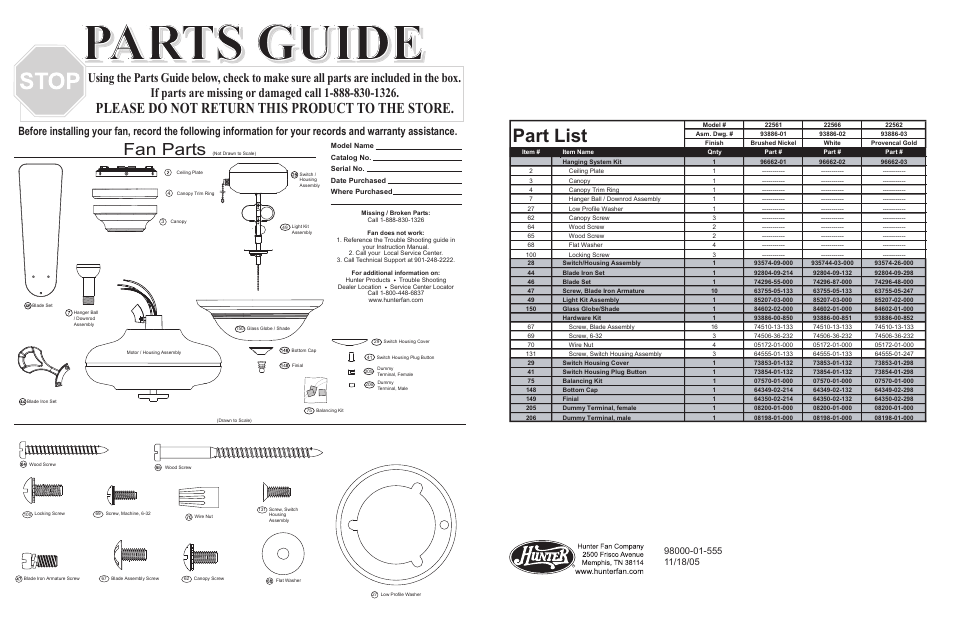 Parts guide, Part list, Fan parts | Please do not return this product to the store | Hunter Fan 22561 User Manual | Page 2 / 4