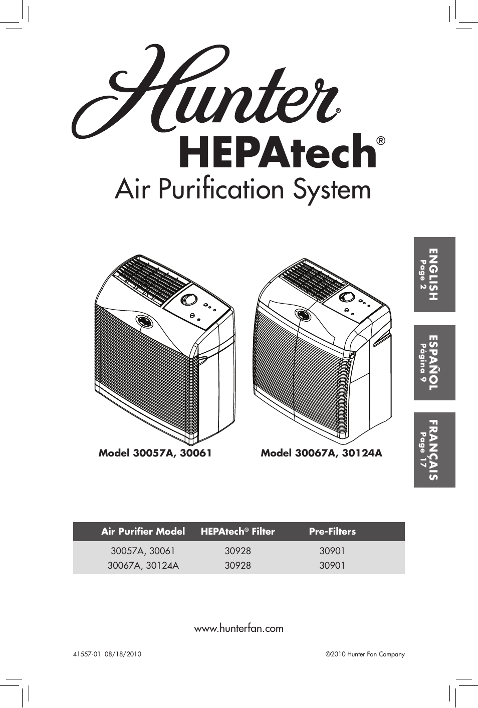 Hunter Fan HEPATECH 30057A User Manual | 24 pages