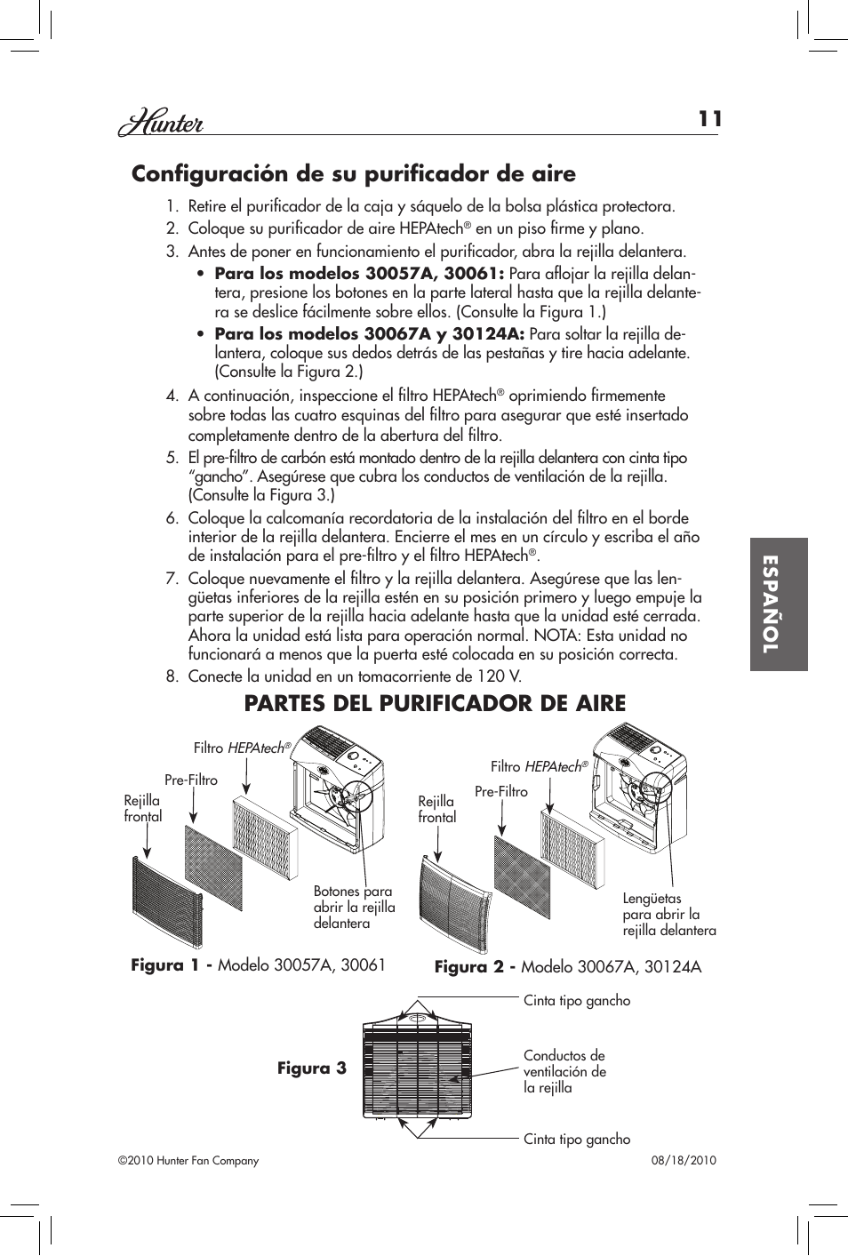 Configuración de su purificador de aire, Partes del purificador de aire | Hunter Fan HEPATECH 30057A User Manual | Page 11 / 24