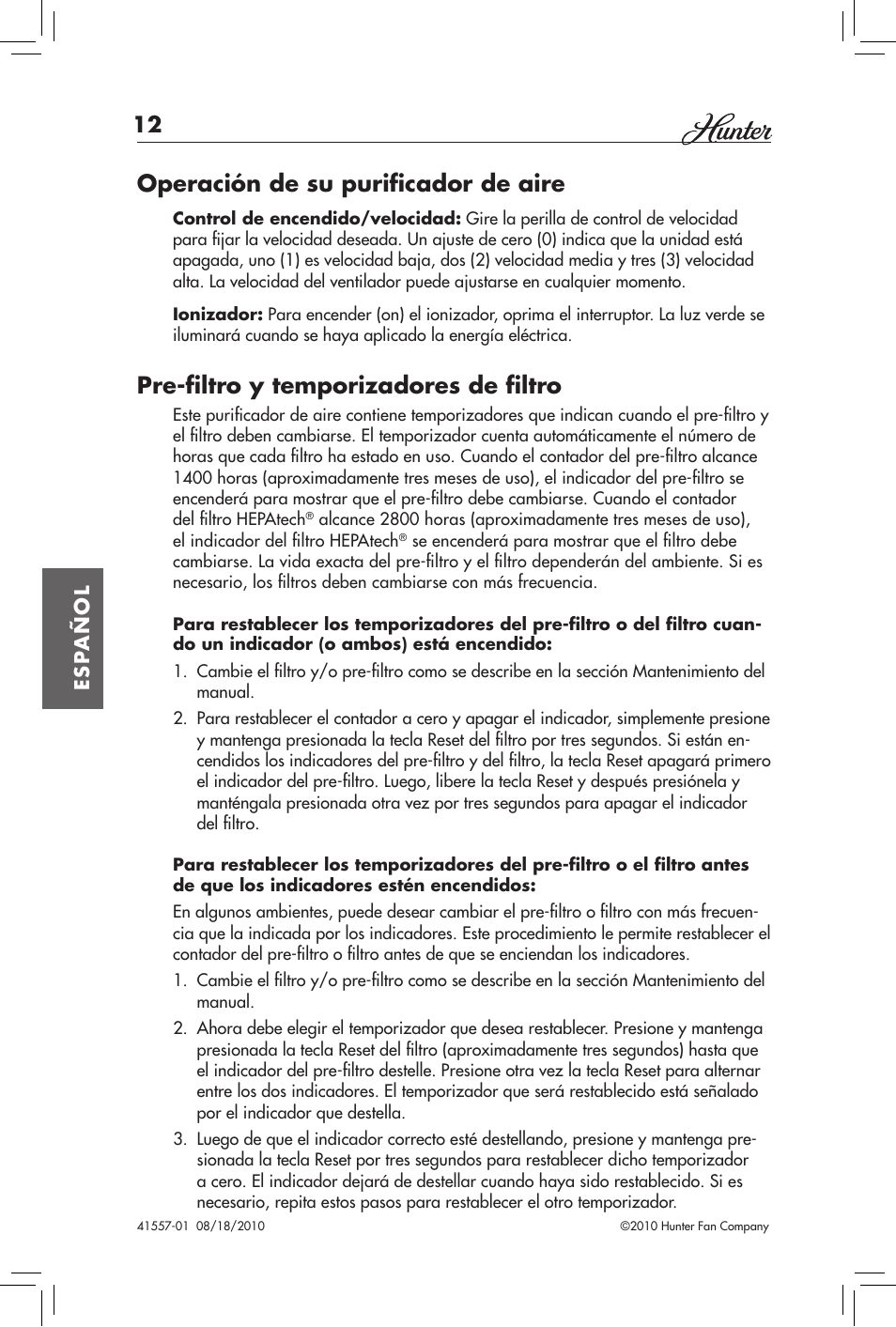 Operación de su purificador de aire, Pre-filtro y temporizadores de filtro | Hunter Fan HEPATECH 30057A User Manual | Page 12 / 24