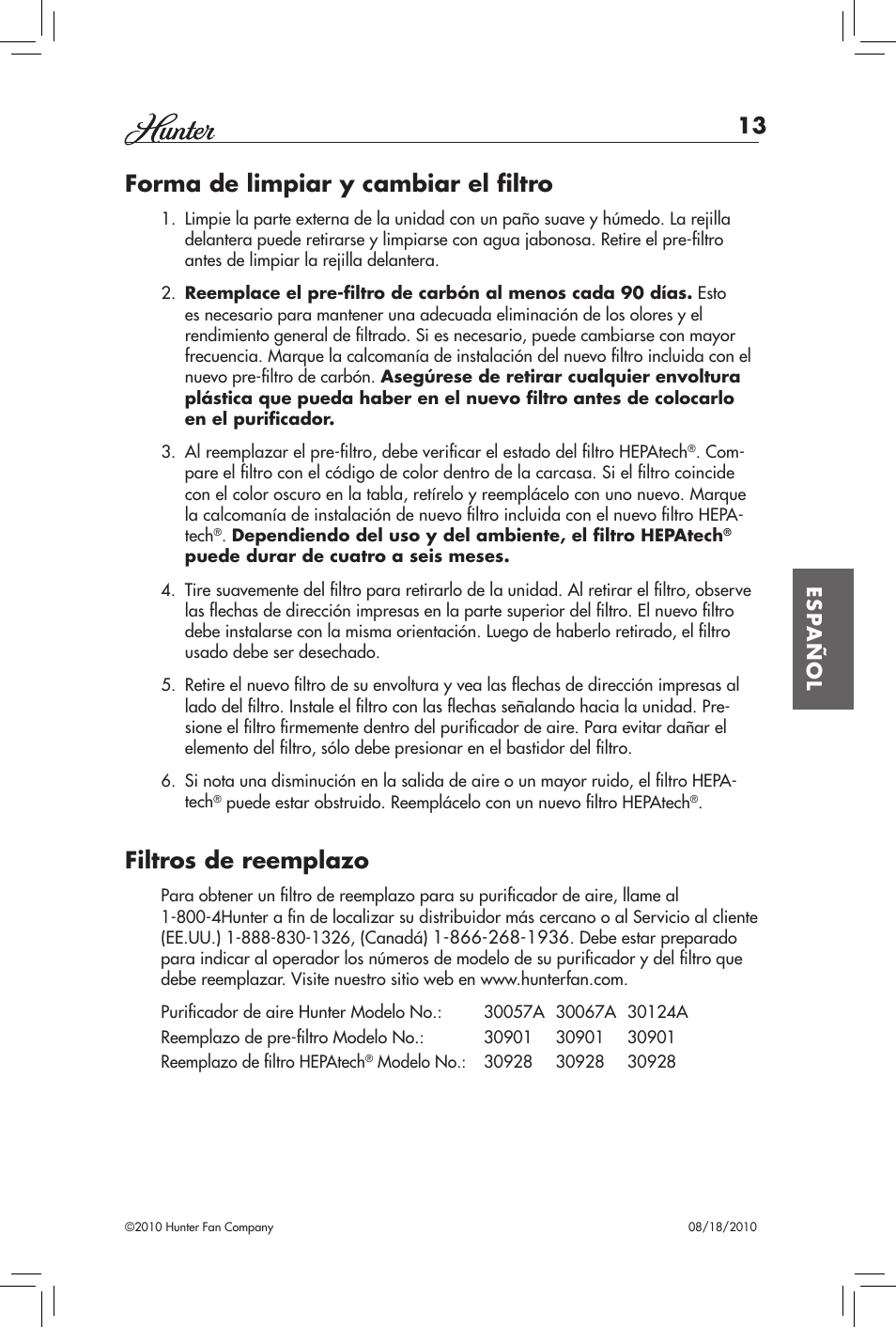 Forma de limpiar y cambiar el filtro, Filtros de reemplazo | Hunter Fan HEPATECH 30057A User Manual | Page 13 / 24