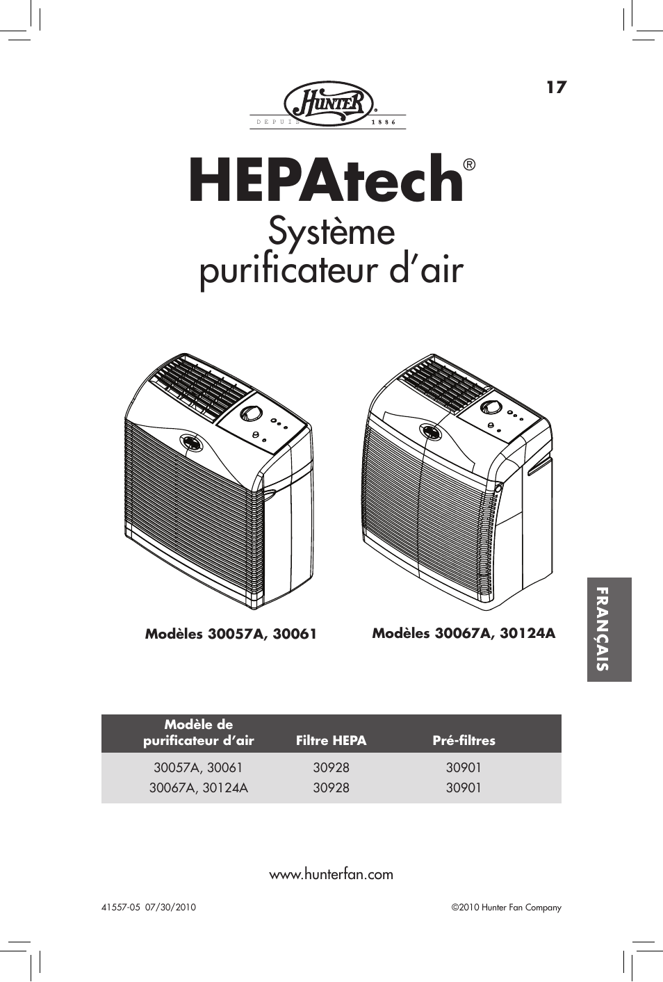 Hepatech, Système purificateur d’air | Hunter Fan HEPATECH 30057A User Manual | Page 17 / 24