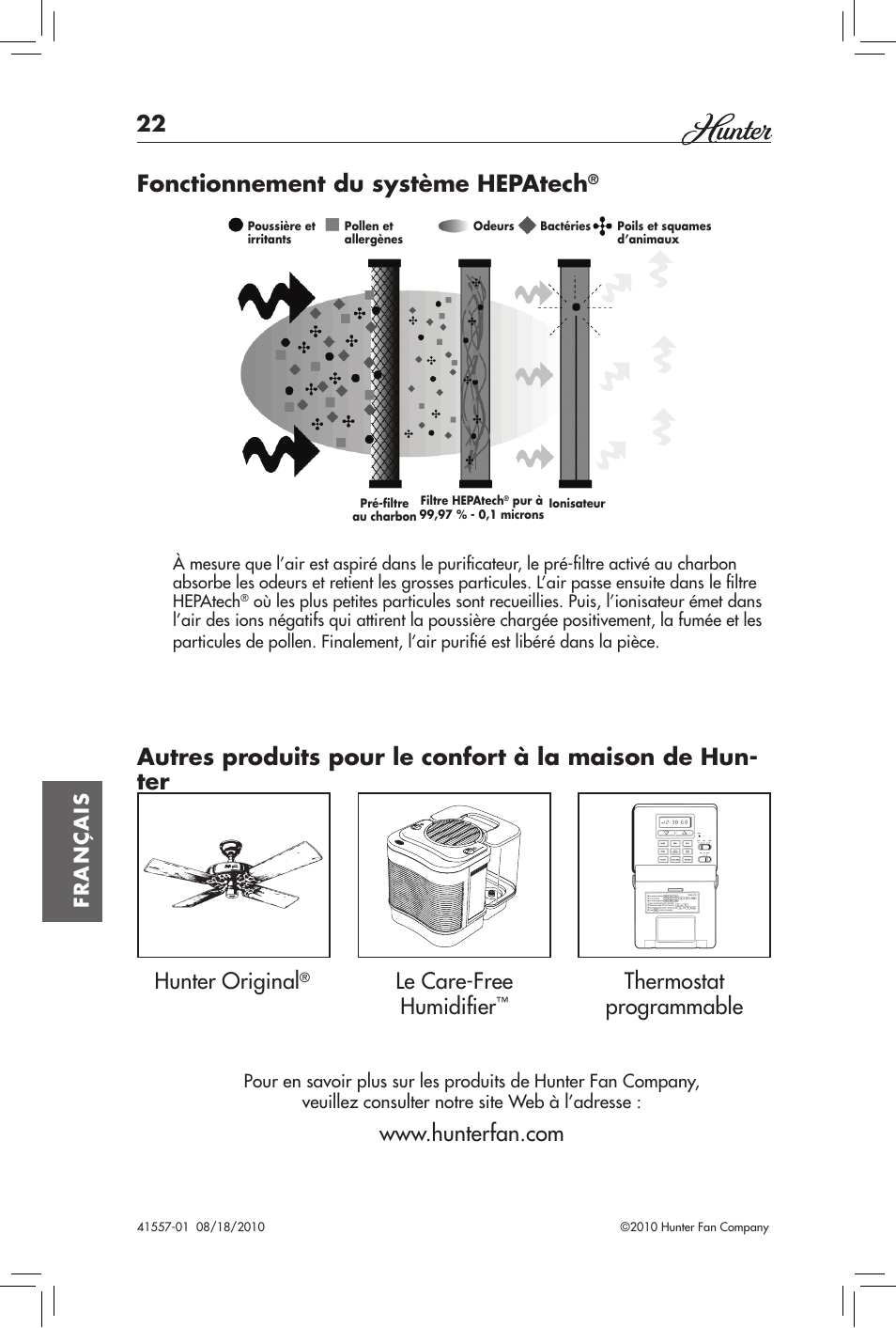 Fonctionnement du système hepatech, Thermostat programmable le care-free humidifier | Hunter Fan HEPATECH 30057A User Manual | Page 22 / 24