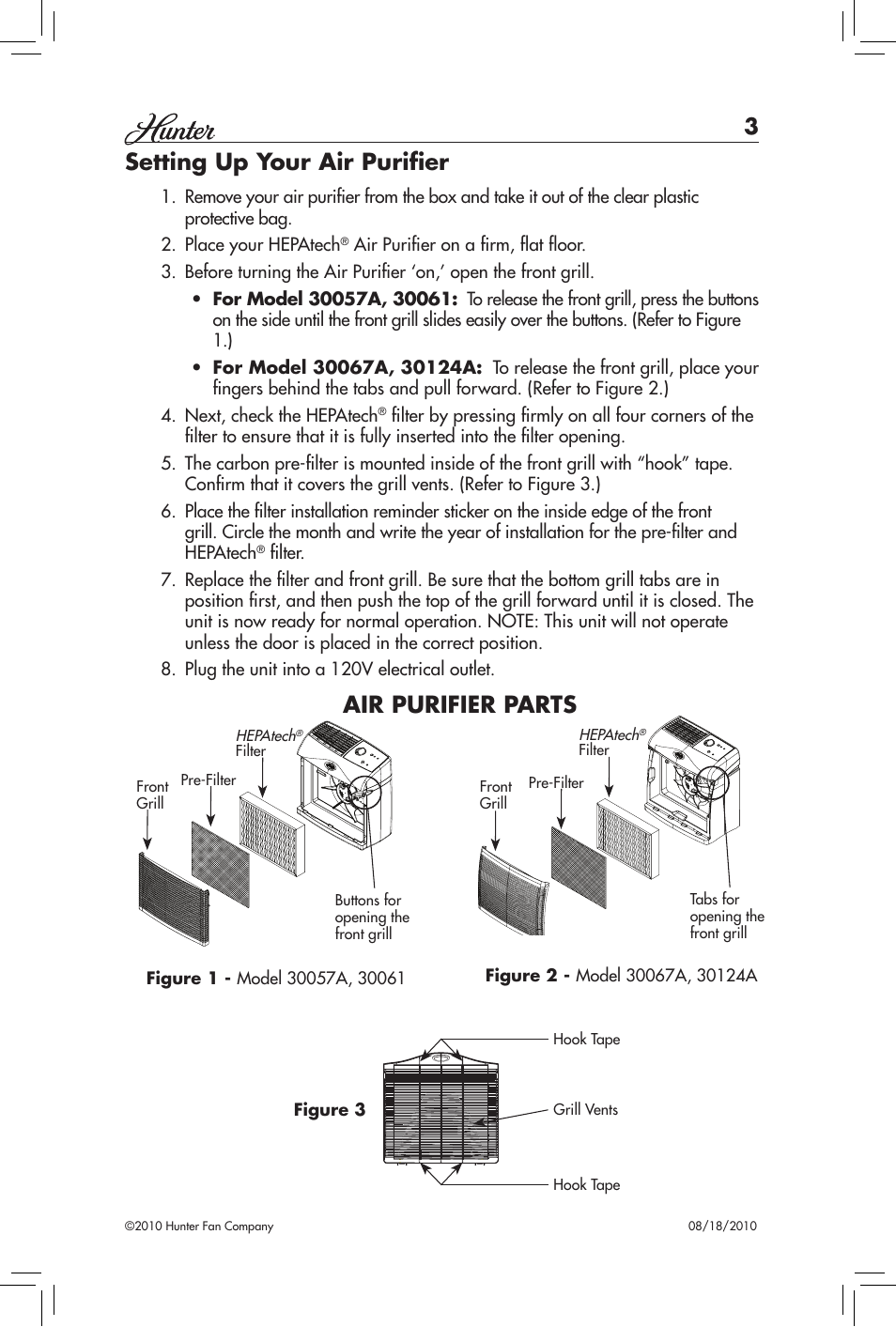 Setting up your air purifier, Air purifier parts | Hunter Fan HEPATECH 30057A User Manual | Page 3 / 24