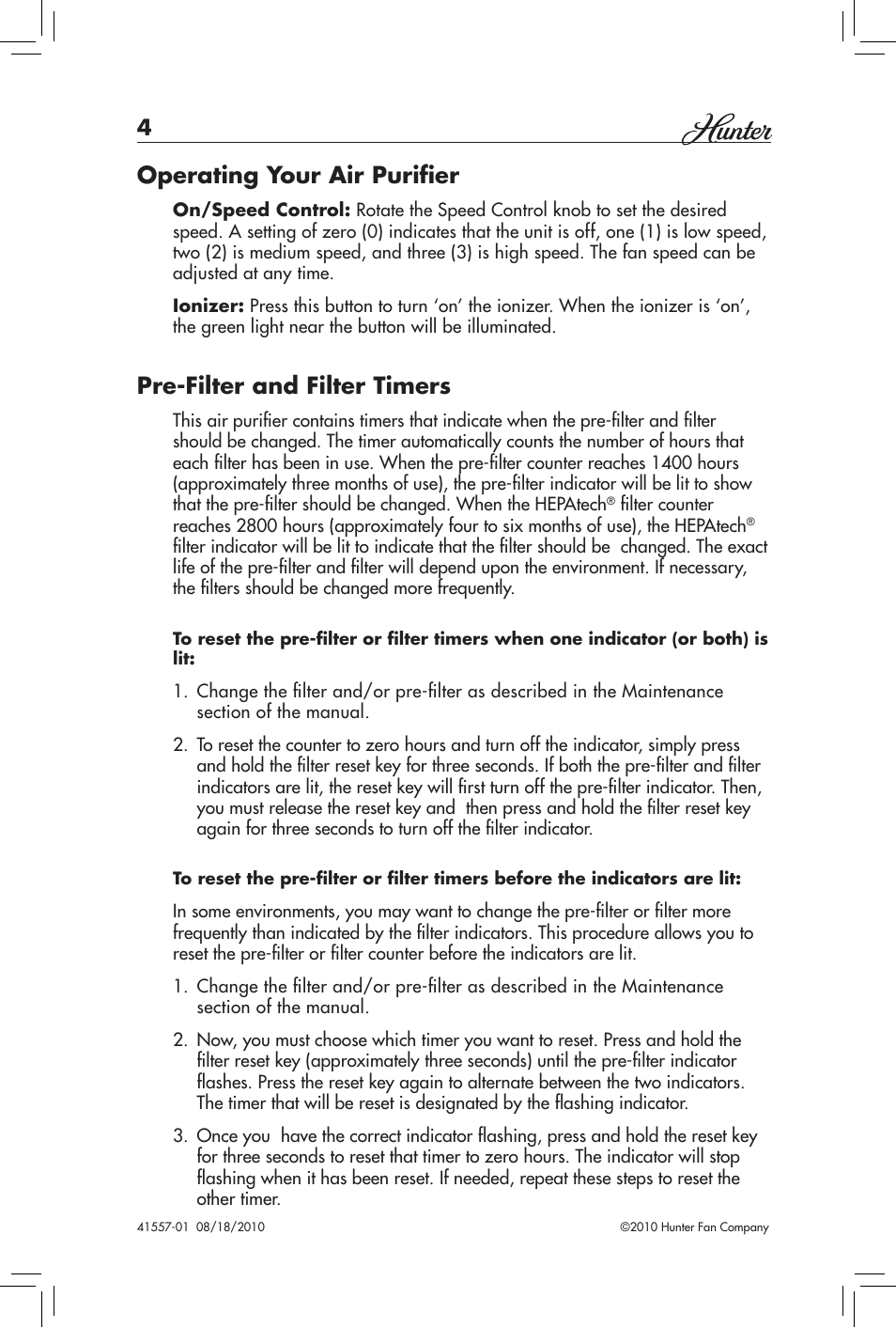 Operating your air purifier, Pre-filter and filter timers | Hunter Fan HEPATECH 30057A User Manual | Page 4 / 24