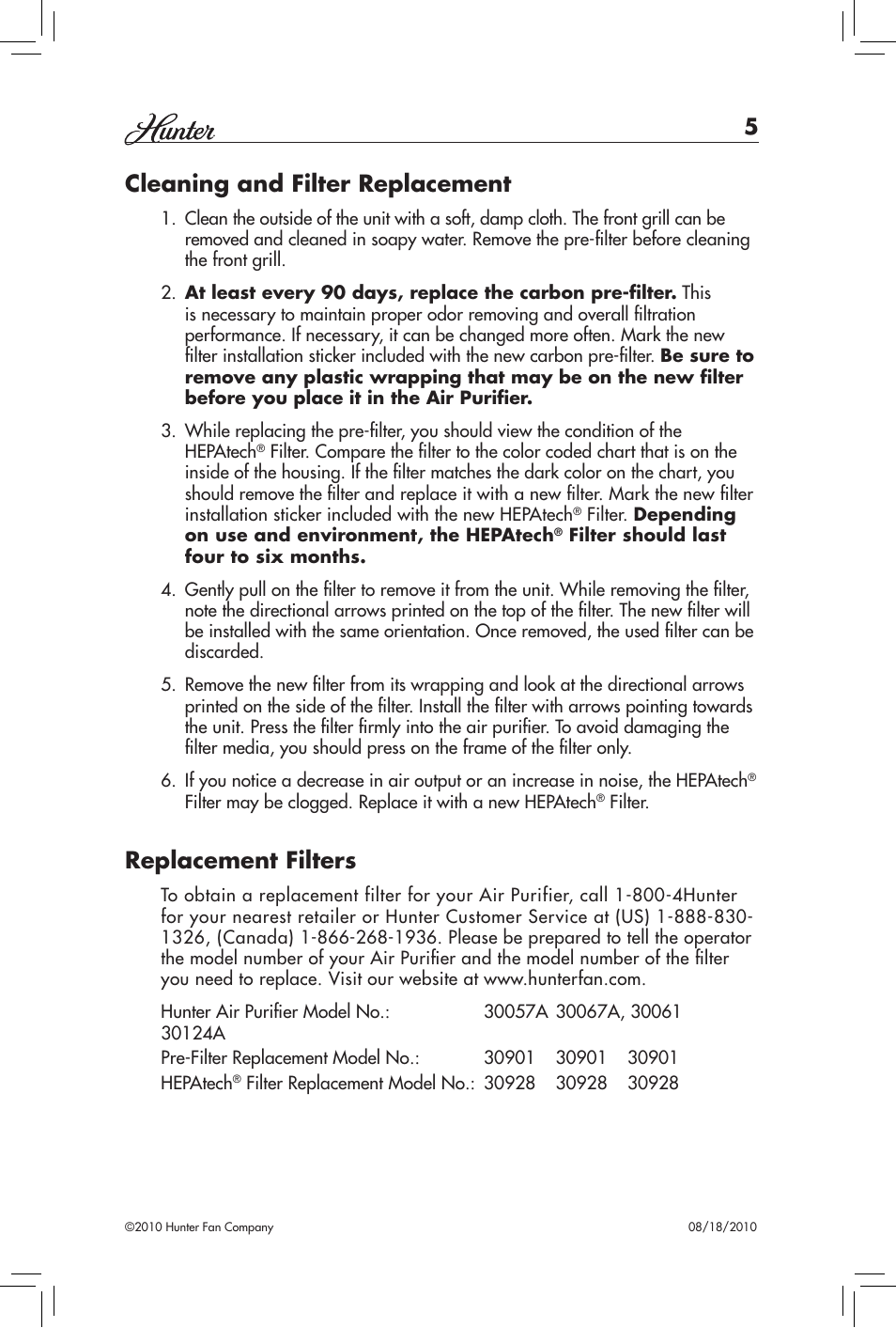 Cleaning and filter replacement, Replacement filters | Hunter Fan HEPATECH 30057A User Manual | Page 5 / 24