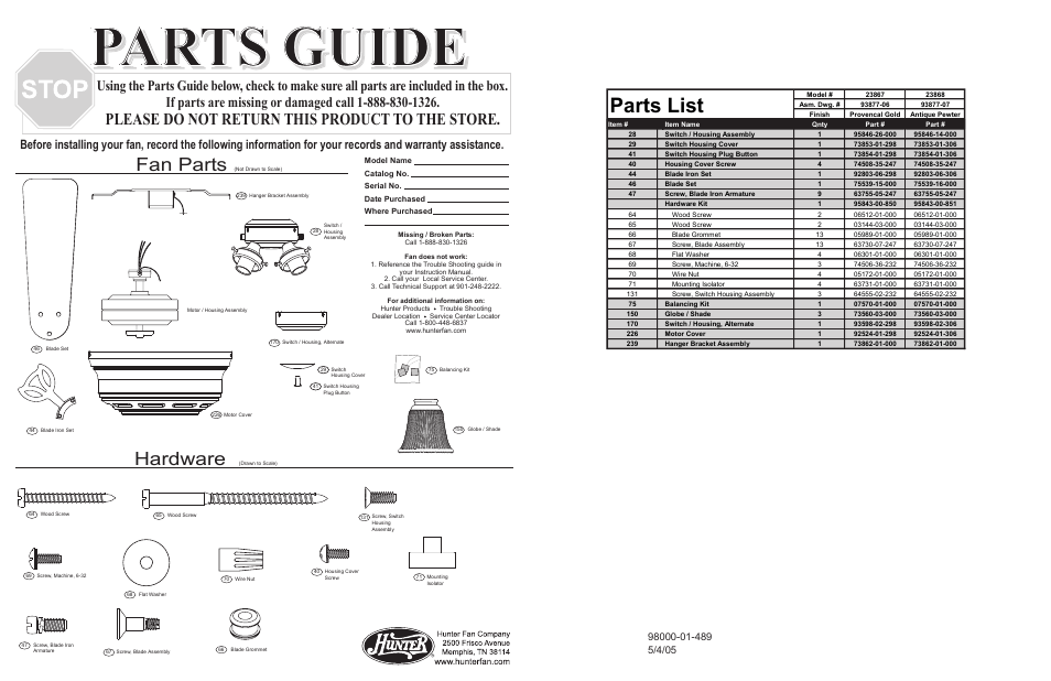 Parts guide, Parts list, Fan parts | Hardware, Please do not return this product to the store | Hunter Fan 23868 User Manual | Page 2 / 4