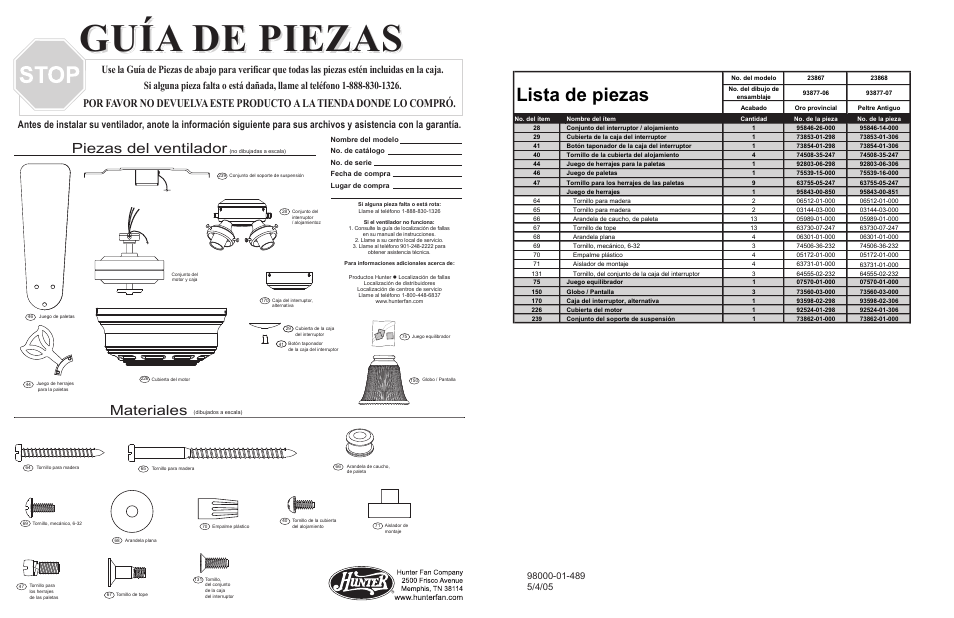 Guía de piezas, Lista de piezas, Materiales | Piezas del ventilador | Hunter Fan 23868 User Manual | Page 3 / 4