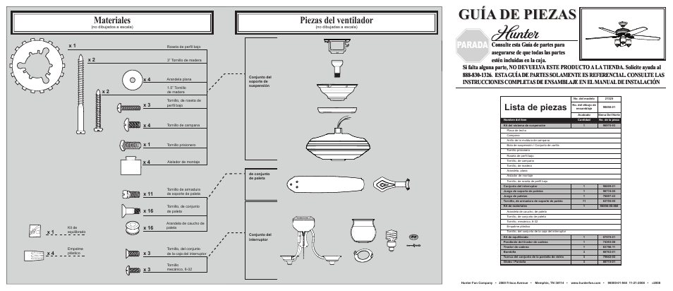 Guía de piezas, Materiales, Piezas del ventilador | Parada, Lista de piezas | Hunter Fan 21325 User Manual | Page 2 / 2