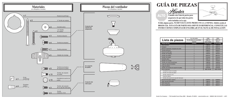 Guía de piezas, Alto, Materiales | Piezas del ventilador, Parada, Lista de piezas | Hunter Fan 20400 User Manual | Page 2 / 2