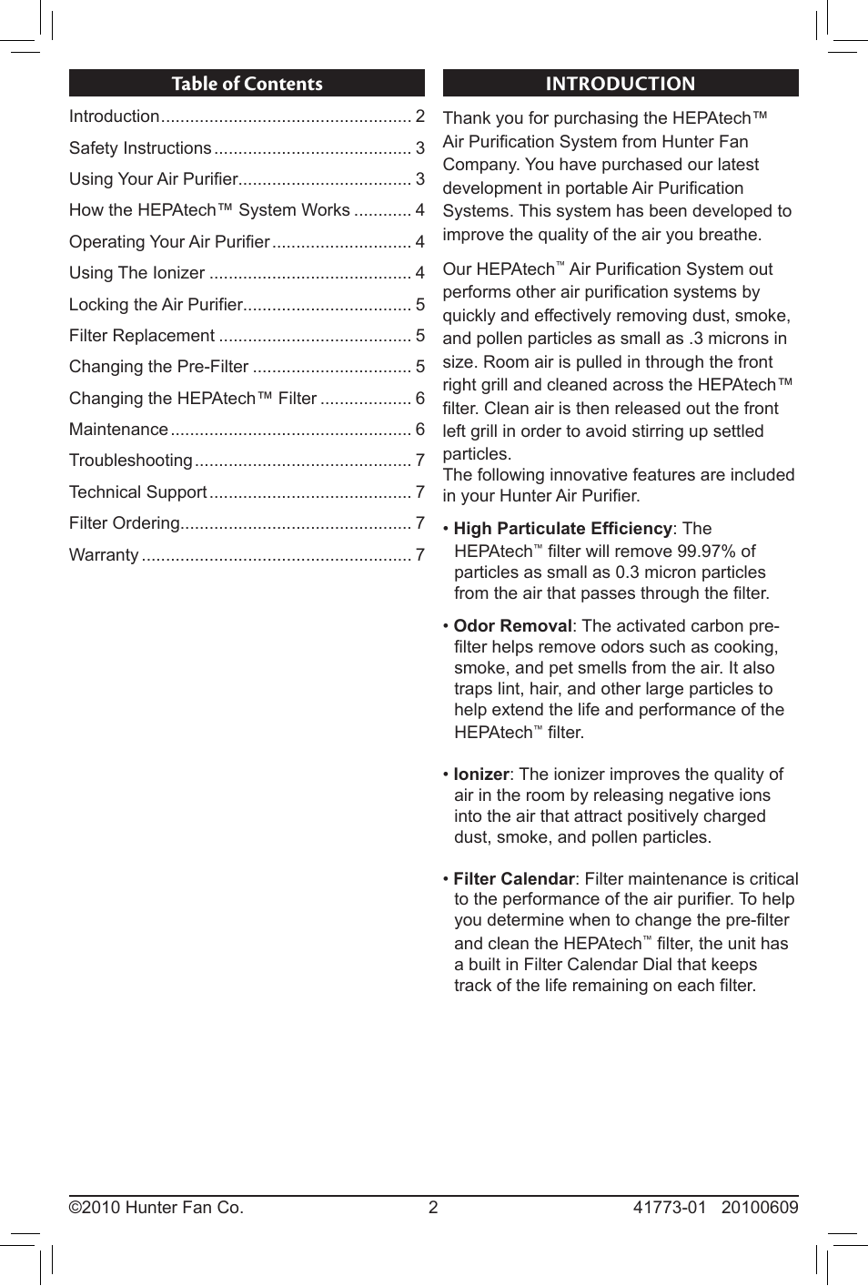 Introduction, Table of contents introduction | Hunter Fan HEPATECH 30379 User Manual | Page 2 / 9