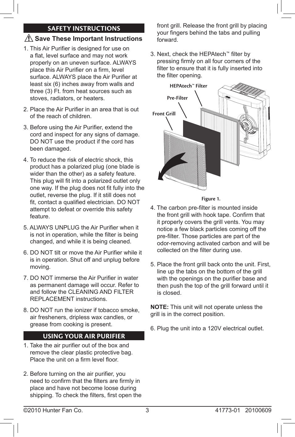 Safety instructions, Using your air purifier, Safety instructions using your air purifier | Hunter Fan HEPATECH 30379 User Manual | Page 3 / 9