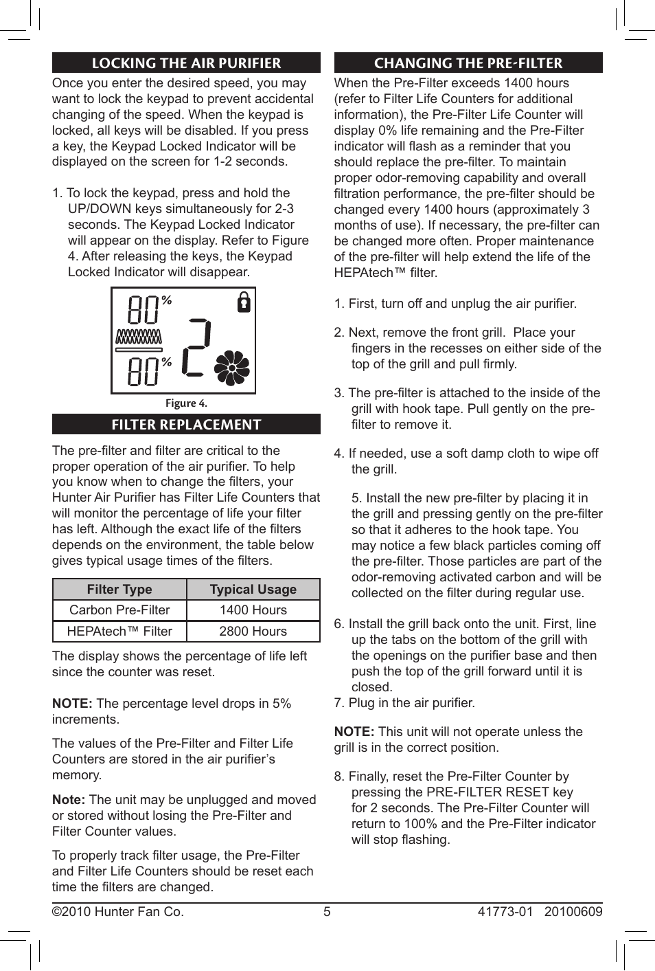 Locking the air purifier, Filter replacement, Changing the pre-filter | Hunter Fan HEPATECH 30379 User Manual | Page 5 / 9