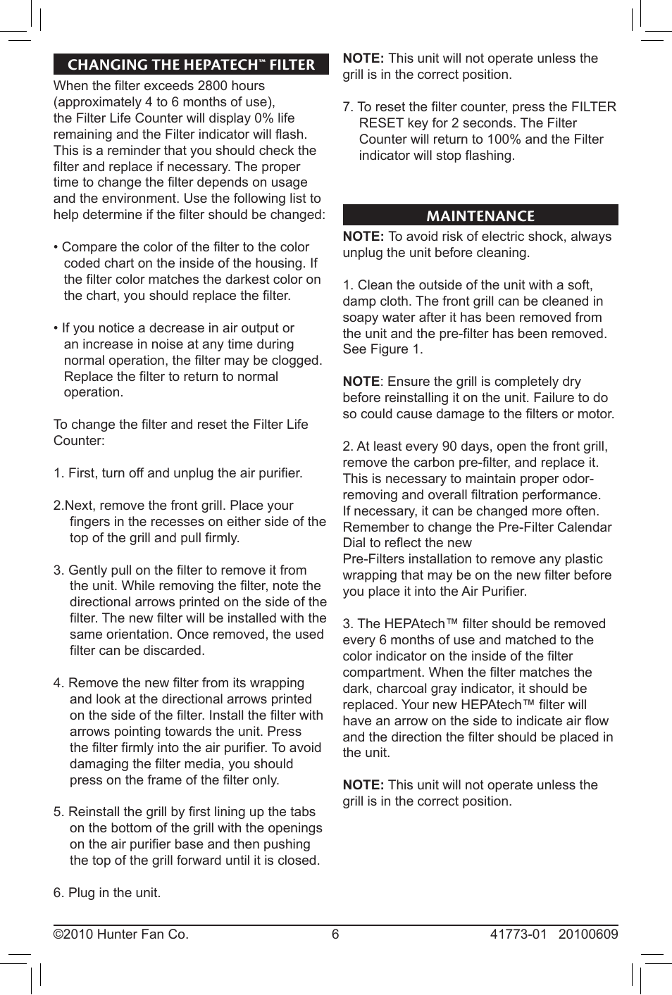Changing the hepatech™ filter, Maintenance, Changing the hepatech™ filter maintenance | Hunter Fan HEPATECH 30379 User Manual | Page 6 / 9