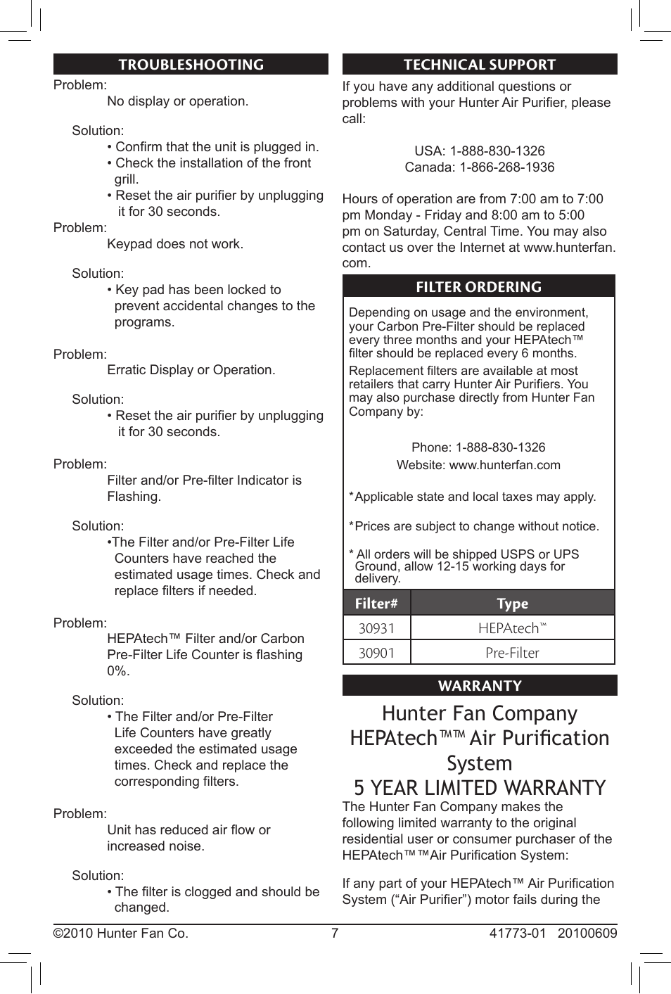 Troubleshooting, Technical support, Filter ordering | Warranty | Hunter Fan HEPATECH 30379 User Manual | Page 7 / 9