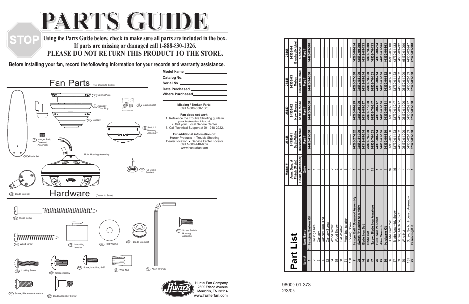 Parts guide, Pa rt l is t, Fan parts | Hardware, Please do not return this product to the store | Hunter Fan fan parts 2.84453E+19 User Manual | Page 2 / 4