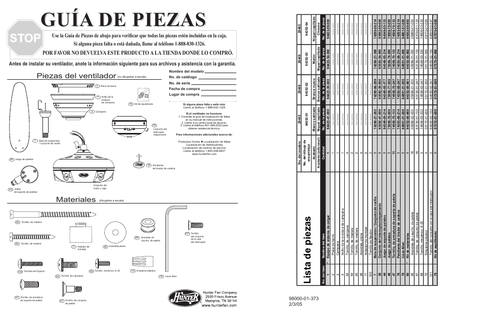 Guía de piezas, Li st a de p ie za s, Materiales | Piezas del ventilador | Hunter Fan fan parts 2.84453E+19 User Manual | Page 3 / 4