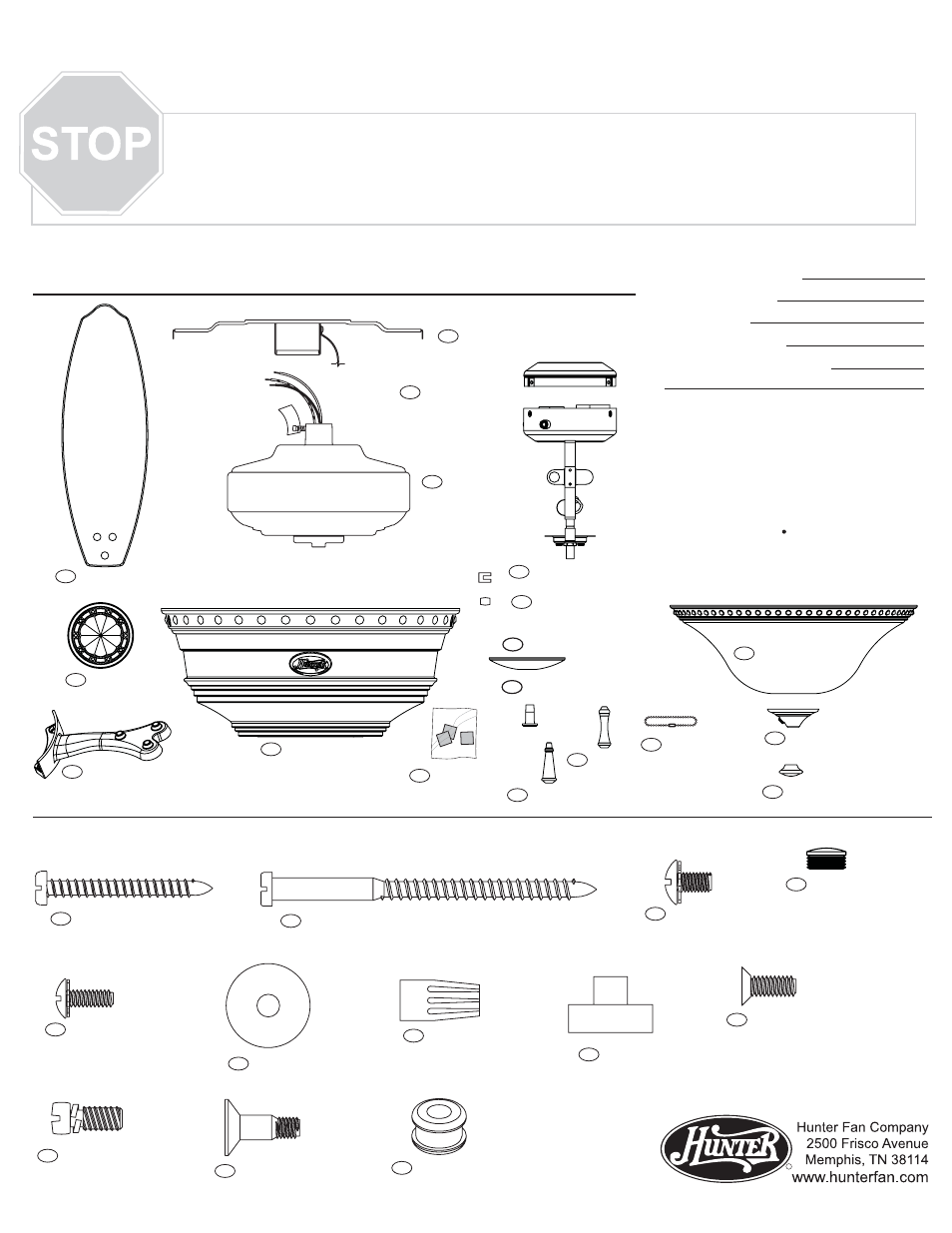 Parts guide, Guía de piezas, Piezas del ventilador | Herrajes | Hunter Fan 22794 User Manual | Page 3 / 4