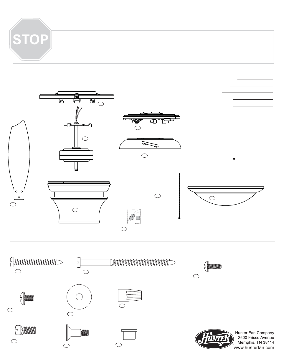 Parts guide, Guía de piezas, Materiales | Piezas del ventilador | Hunter Fan 22068 User Manual | Page 3 / 4