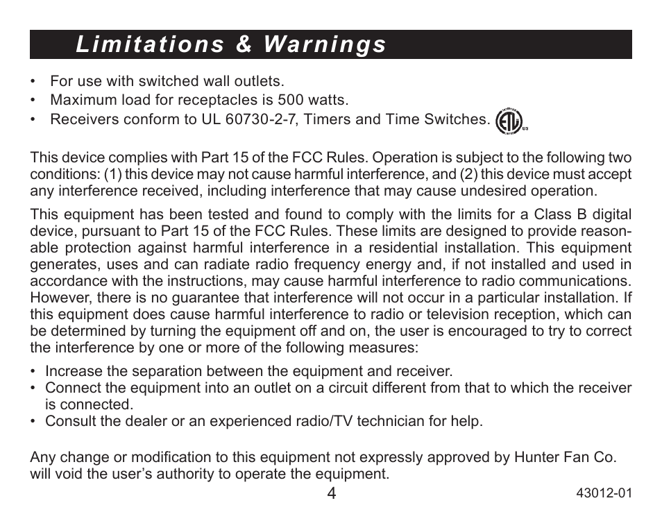 Limitations & warnings | Hunter Fan 45051 User Manual | Page 4 / 73