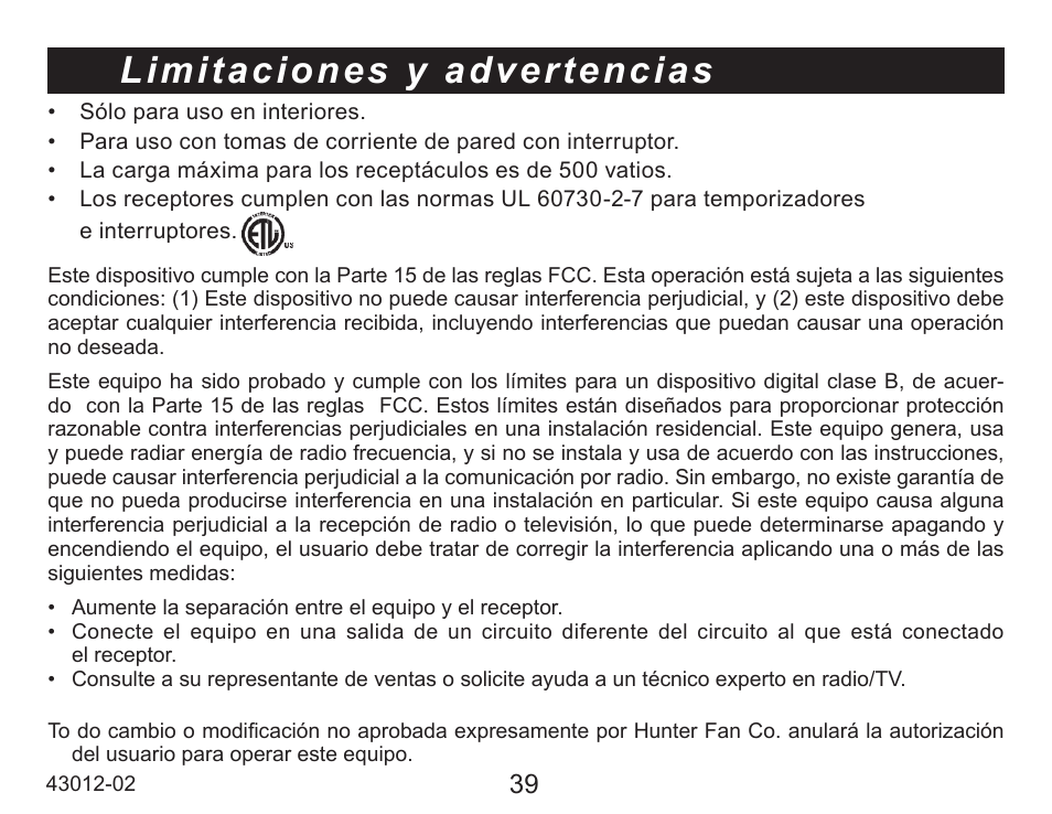 Limitaciones y advertencias | Hunter Fan 45051 User Manual | Page 40 / 73