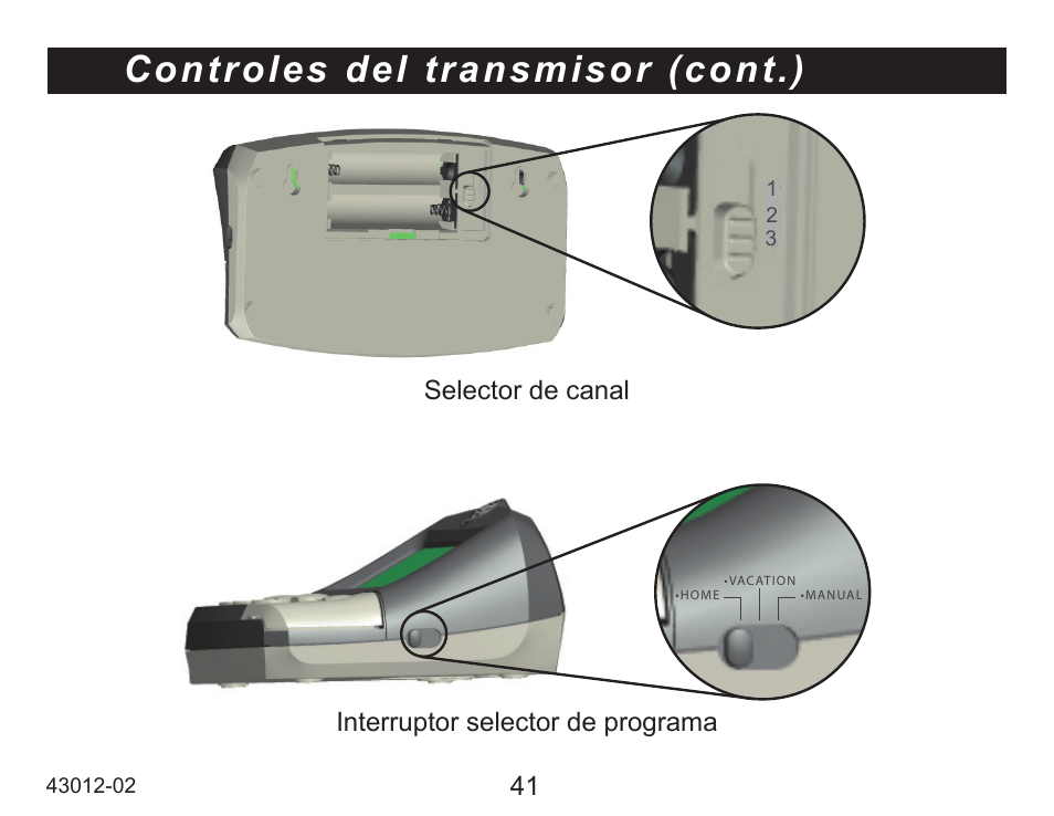 Controles del transmisor (cont.), Interruptor selector de programa selector de canal | Hunter Fan 45051 User Manual | Page 42 / 73