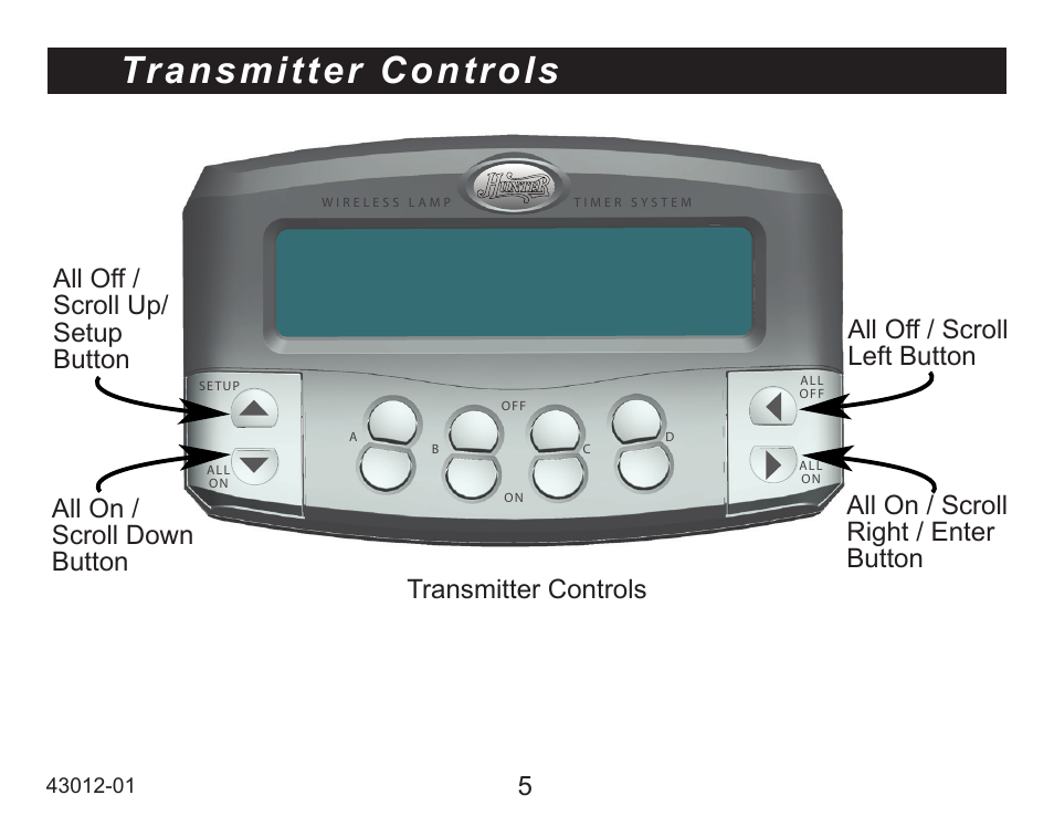 Transmitter controls | Hunter Fan 45051 User Manual | Page 5 / 73