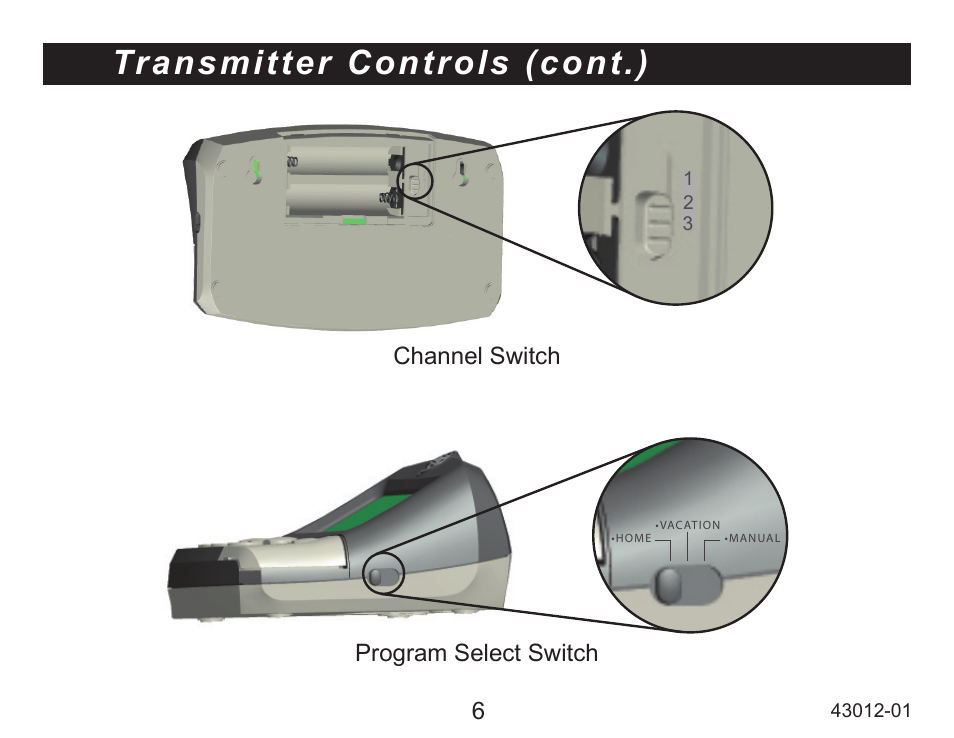 Transmitter controls (cont.), Program select switch channel switch | Hunter Fan 45051 User Manual | Page 6 / 73