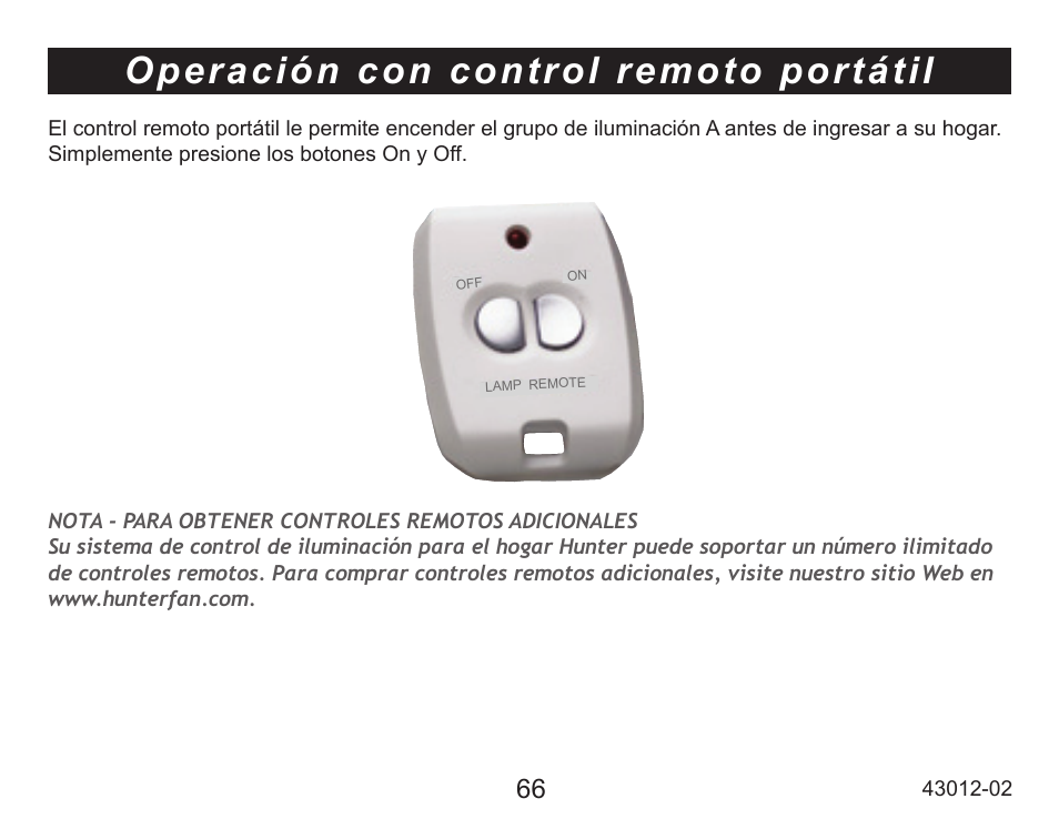 Operación con control remoto portátil | Hunter Fan 45051 User Manual | Page 67 / 73