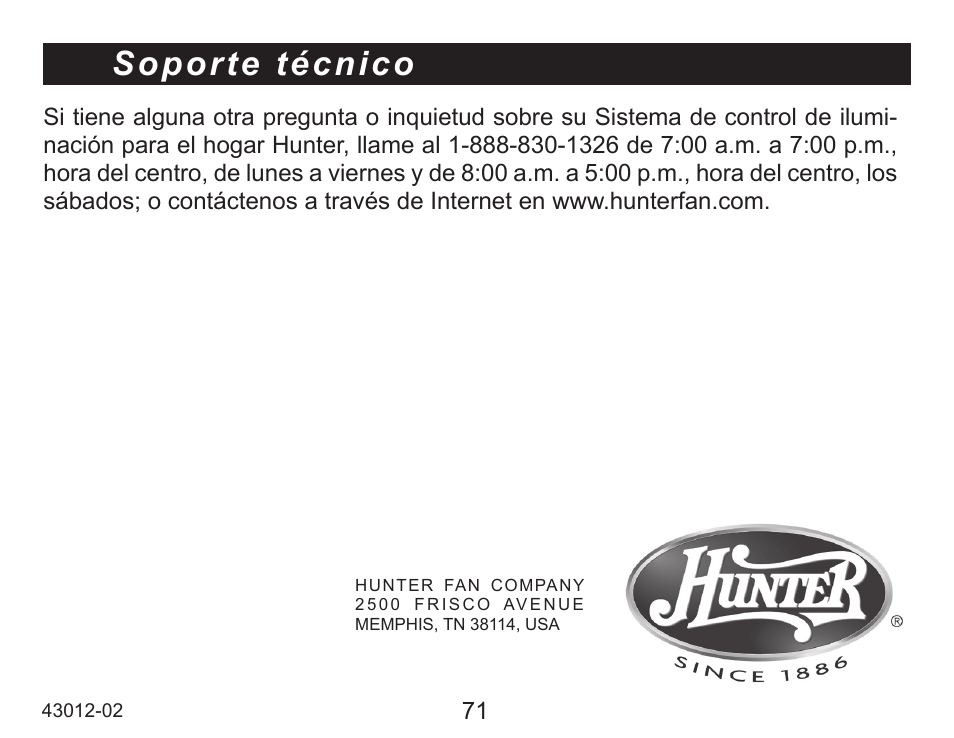 Soporte técnico | Hunter Fan 45051 User Manual | Page 72 / 73